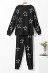 Black Stars Print Long Sleeve Drawstring High Waist Lounge Set-Loungewear-MomFashion