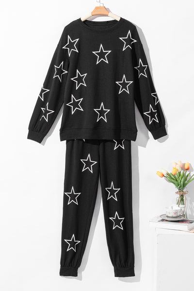 Black Stars Print Long Sleeve Drawstring High Waist Lounge Set-Loungewear-MomFashion