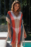 Multicolor Striped Tassel Crochet V Neck Beach Cover Up-Swimwear-MomFashion