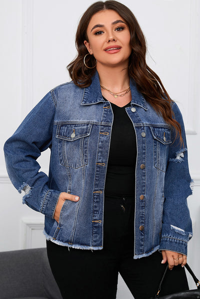 Dark Blue Plus Size Distressed Flap Pocket Denim Jacket-Plus Size-MomFashion