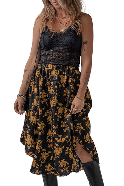 Black Printed Elastic Waist Button Decor Floral Ruffle Skirt-Bottoms-MomFashion