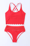 Red Scalloped Criss Cross High Waist Bikini-Swimwear-MomFashion