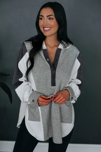 Gray Color Block Exposed Seam Buttoned Neckline Hoodie-Tops-MomFashion