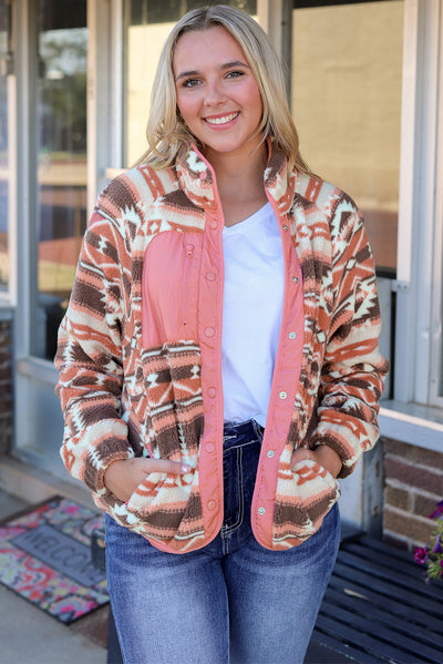 Pink Western Colorblock Snap Buttoned Sherpa Jacket-Outerwear-MomFashion