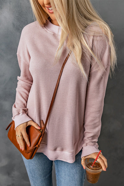 Pink Crew Neck Ribbed Trim Waffle Knit Top-Tops-MomFashion