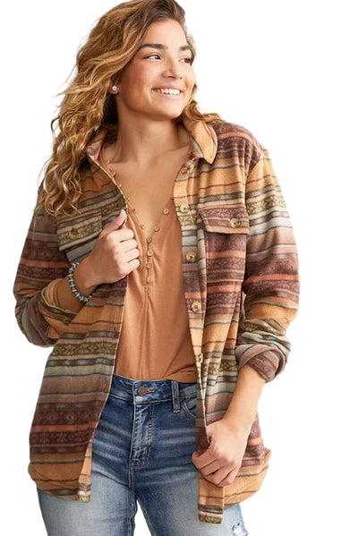 Brown Western Print Fleece Shacket-Outerwear-MomFashion