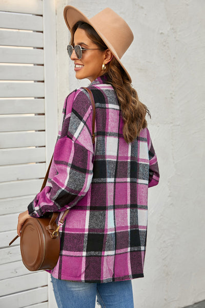 Rose Plaid Print Buttoned Shirt Jacket-Outerwear-MomFashion