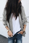 Grey Plaid Contrast Trim Open Front Cardigan-Tops-MomFashion