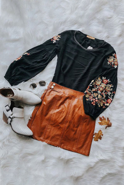 Black Floral Embroidery Long Sleeve Top-Tops-MomFashion