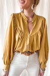 Yellow Puff Sleeve Pleated Loose Shirt-Tops-MomFashion