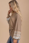 Light French Beige Floral Striped Patchwork Loose Long Sleeve Top-Tops-MomFashion