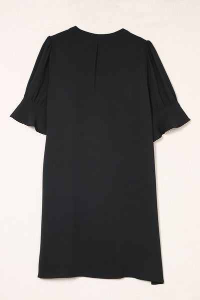 Black Ruffled Sleeve Shift Dress-Dresses-MomFashion