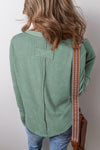 Smoke Green Acid Wash Waffle Knit Buttoned Neckline Long Sleeve Top-Tops/Long Sleeve Tops-MomFashion