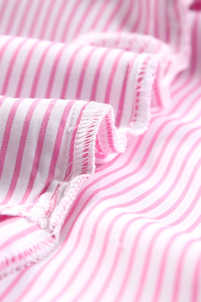 Pink Smocked Cuffed Striped Boyfriend Shirt with Pocket-Tops-MomFashion