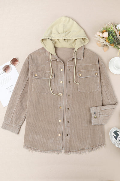 Khaki Patchwork Hooded Corduroy Shacket-Outerwear-MomFashion