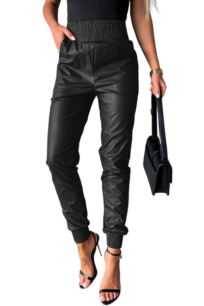 Black Smocked High-Waist Leather Skinny Pants-Bottoms-MomFashion