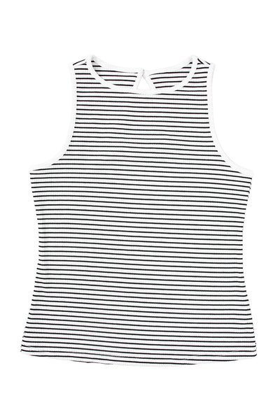 White Striped Print Ribbed Knit Sleeveless Top-Tops-MomFashion