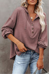 Buttoned High and Low Hem Hoodie-Tops-MomFashion