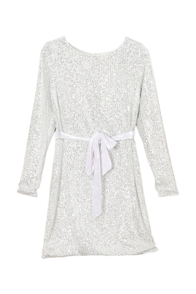 Silvery Sequin Long Sleeve Tie Waist Mini Dress-Dresses-MomFashion