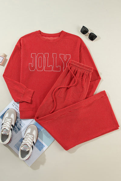 Fiery Red JOLLY Corded Long Sleeve Top and Pockets Pants Set-Two Piece Sets/Pant Sets-MomFashion