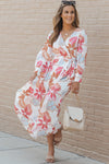 Tropical Plant Print Long Sleeve Wrap V-Neck Slit Maxi Dress-Dresses-MomFashion