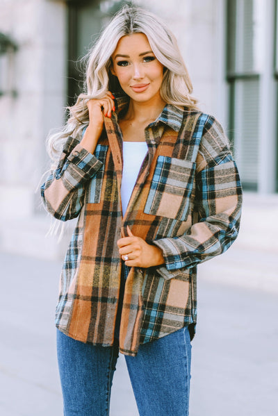 Brown Plaid Color Block Buttoned Shirt with Pockets-Tops-MomFashion