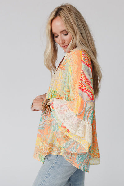 Multicolor Paisley Print Bell Sleeve Lace V-Neck Button Sheer Blouse-Tops-MomFashion