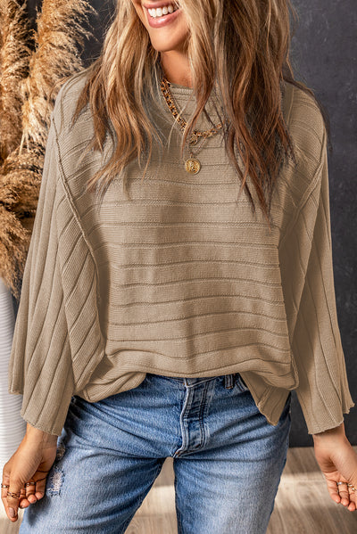 Brown Exposed Seam Ribbed Knit Dolman Top-Tops-MomFashion