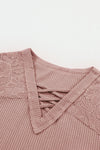 Pink Lace Waffle Patchwork Strappy V Neck Long Sleeve Top-Tops-MomFashion