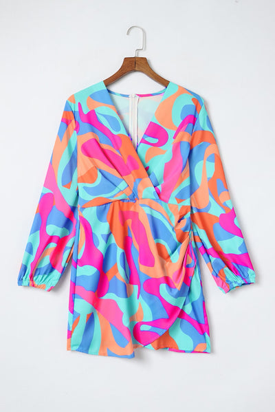 Multicolor Abstract Print Wrap V Neck Puff Sleeve Dress-Dresses-MomFashion