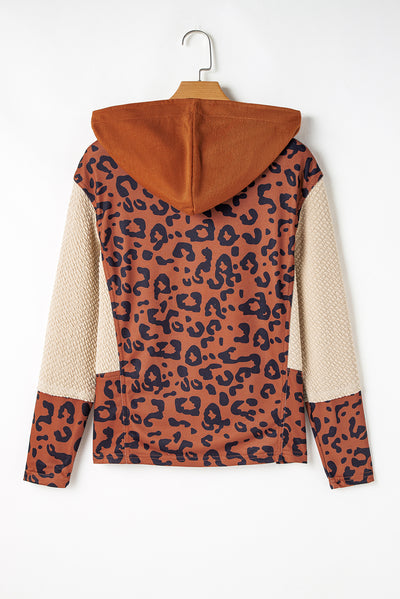 Brown Textured Knit Patchwork Leopard Hoodie-Tops-MomFashion