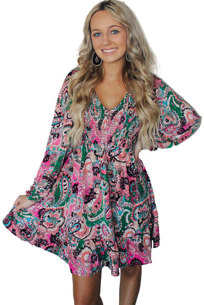 Boho Paisley Print Ruffle Hem Dress-Dresses-MomFashion