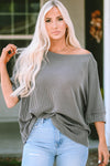 Gray Boatneck Batwing Sleeve Cording Blouse-Tops-MomFashion