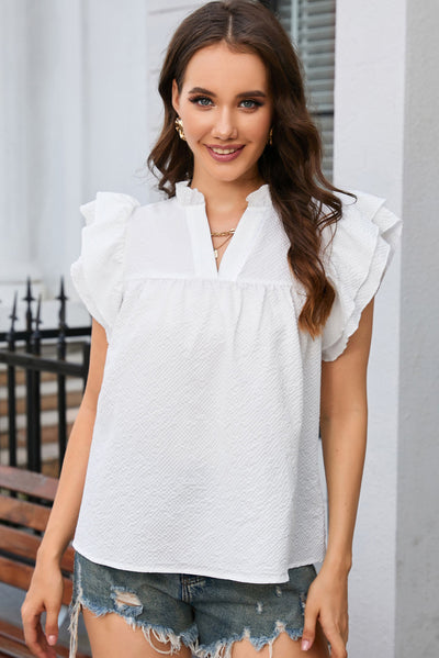 White Ruffle Accent Flutter Sleeve Notch Neck Top-Tops-MomFashion