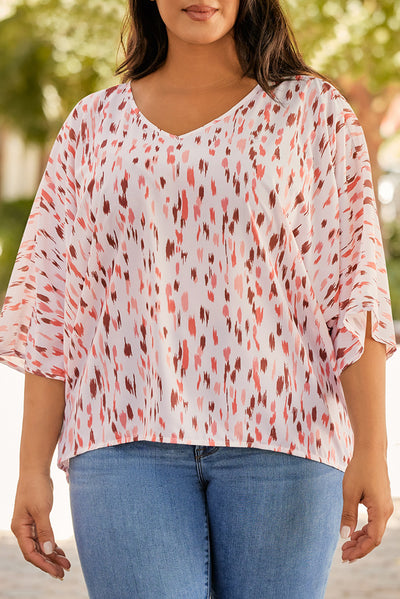 Pink Printed 3/4 Dolman Sleeve Plus Size Blouse-Plus Size-MomFashion