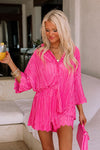 Rose 3/4 Sleeves Pleated Shirt and High Waist Shorts Lounge Set-Loungewear-MomFashion