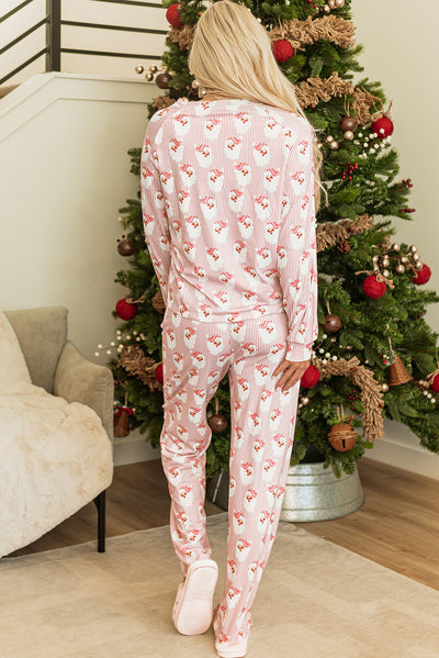 Pink Santa Claus Striped Print Loose Fit Two Piece Lounge Set-Loungewear & Sleepwear/Loungewear-MomFashion