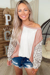 Apricot Colorblock Leopard Sleeve Patchwork Top-Tops-MomFashion