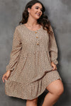 Brown Leopard Spotted Print Tiered Long Sleeve Plus Size Dress-Plus Size-MomFashion