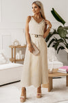 Apricot V Neck Sleeveless Maxi Dress with Elastic Belt-Dresses-MomFashion