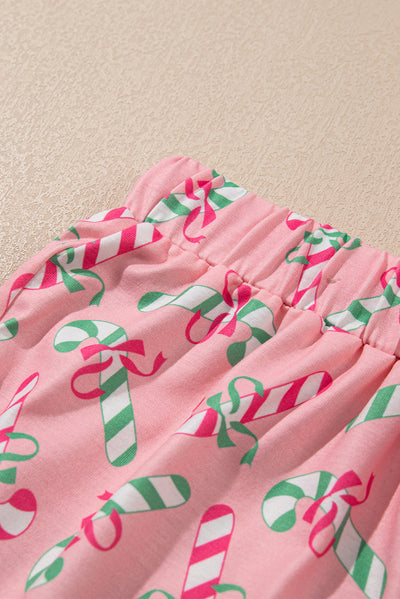 Pink Christmas Candy Cane Print Pocketed Knotted Pajama Set-Loungewear & Sleepwear/Sleepwear-MomFashion