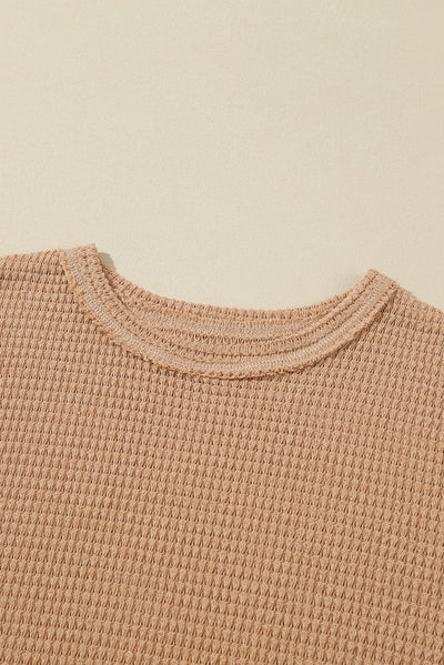 Khaki Waffle Knit High Slits Oversized Top-Tops-MomFashion