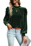 Blackish Green Mock Neck Puff Sleeve Velvet Blouse-Tops-MomFashion