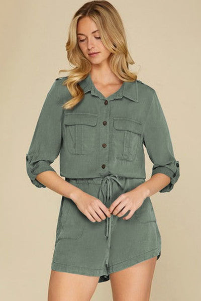 Jungle Green Roll up Sleeve Flap Pockets Drawstring Playsuit-Bottoms-MomFashion