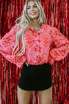 Strawberry Pink Aesthetic Floral Puff Sleeve Shirt-Tops-MomFashion