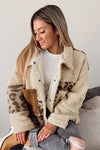 Beige Leopard Patchwork Snap Buttons Sherpa Jacket-Outerwear-MomFashion