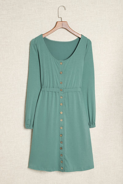 Green Button Up High Waist Long Sleeve Dress-Dresses-MomFashion