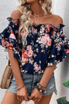 Blue Ruffle Off Shoulder Flounce Sleeve Floral Blouse-Tops-MomFashion