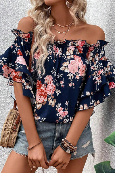 Blue Ruffle Off Shoulder Flounce Sleeve Floral Blouse-Tops-MomFashion