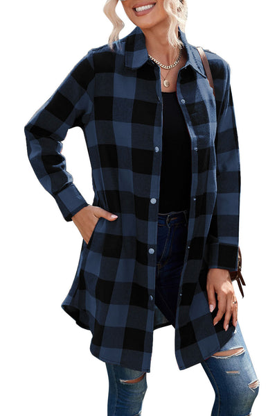 Blue Turn-down Collar Plaid Shirt Jacket-Outerwear-MomFashion